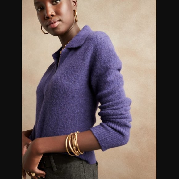 Banana Republic Wool Yak Blend Sweater Purple Polo Johnny Collar Large - Picture 6 of 8